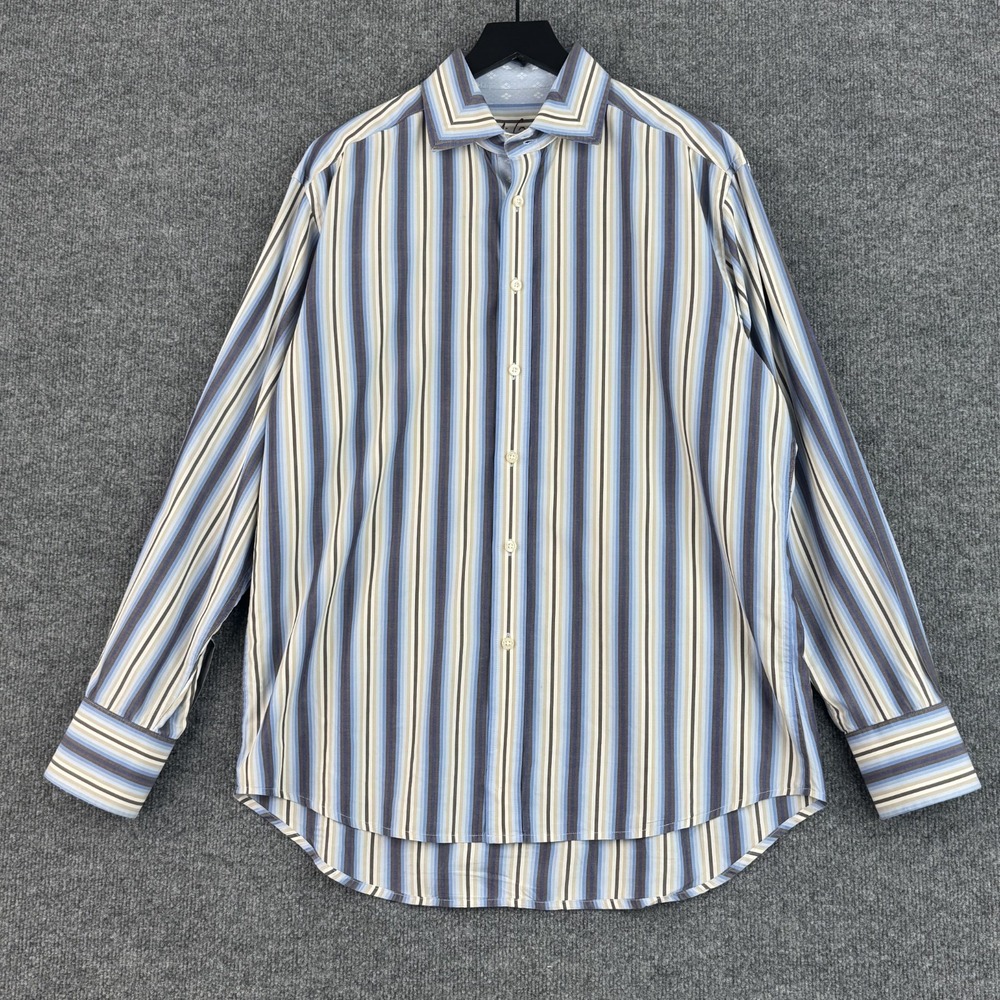 Robert Graham Double Button Up Shirt Mens L Blue Stripe Casual Long Sleeve